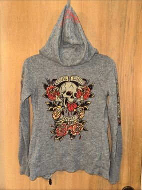 Vintage Y2K Ed Hardy Christian Audigier Angora Wool Hooded Sweater Small